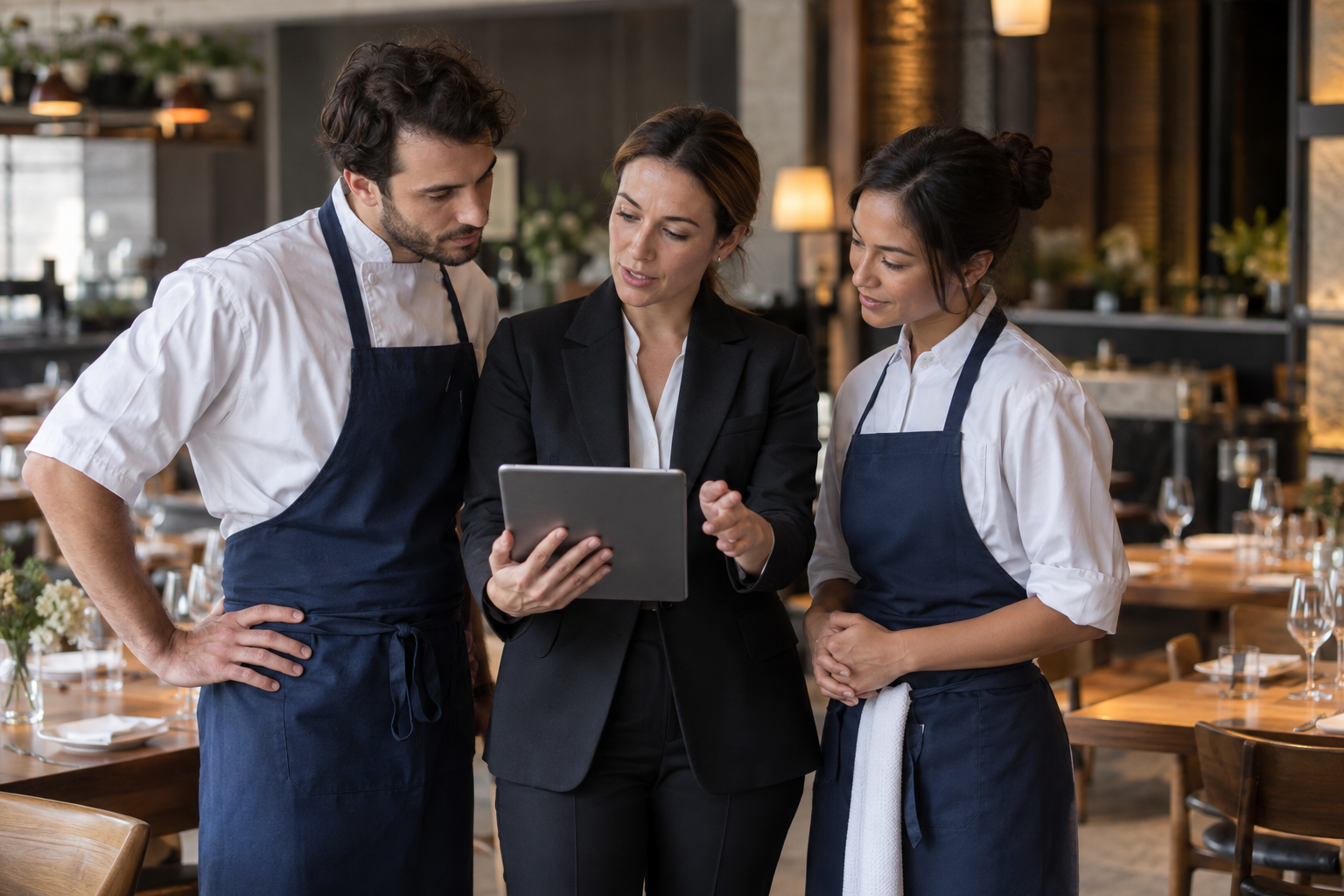 Illustration of hospitality colleagues reviewing a standard together