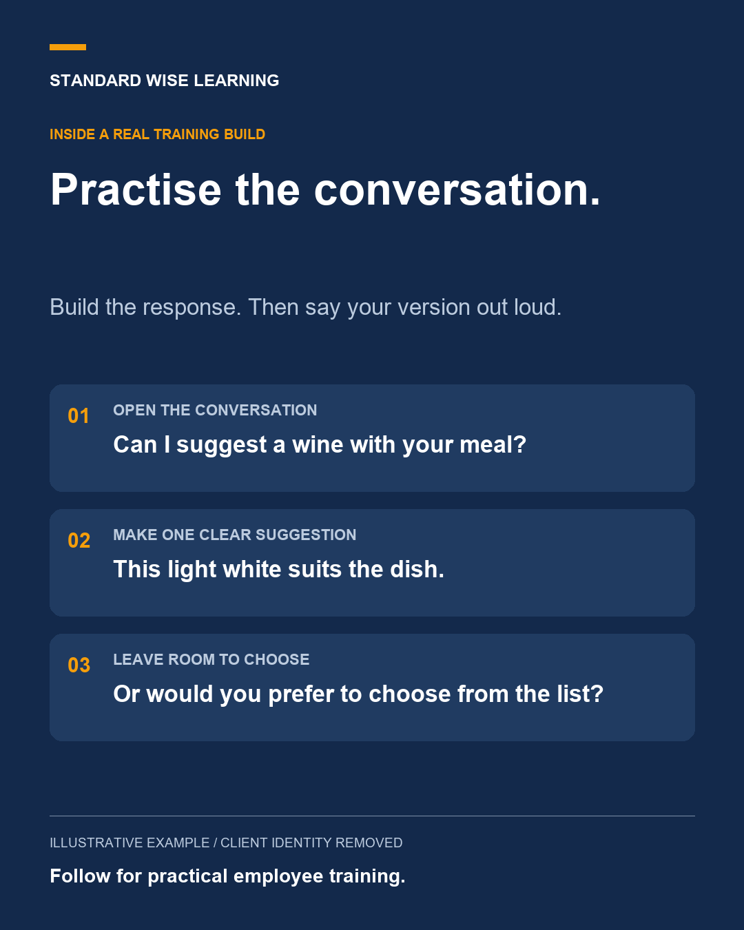 An anonymized training example that breaks a service conversation into three practical steps